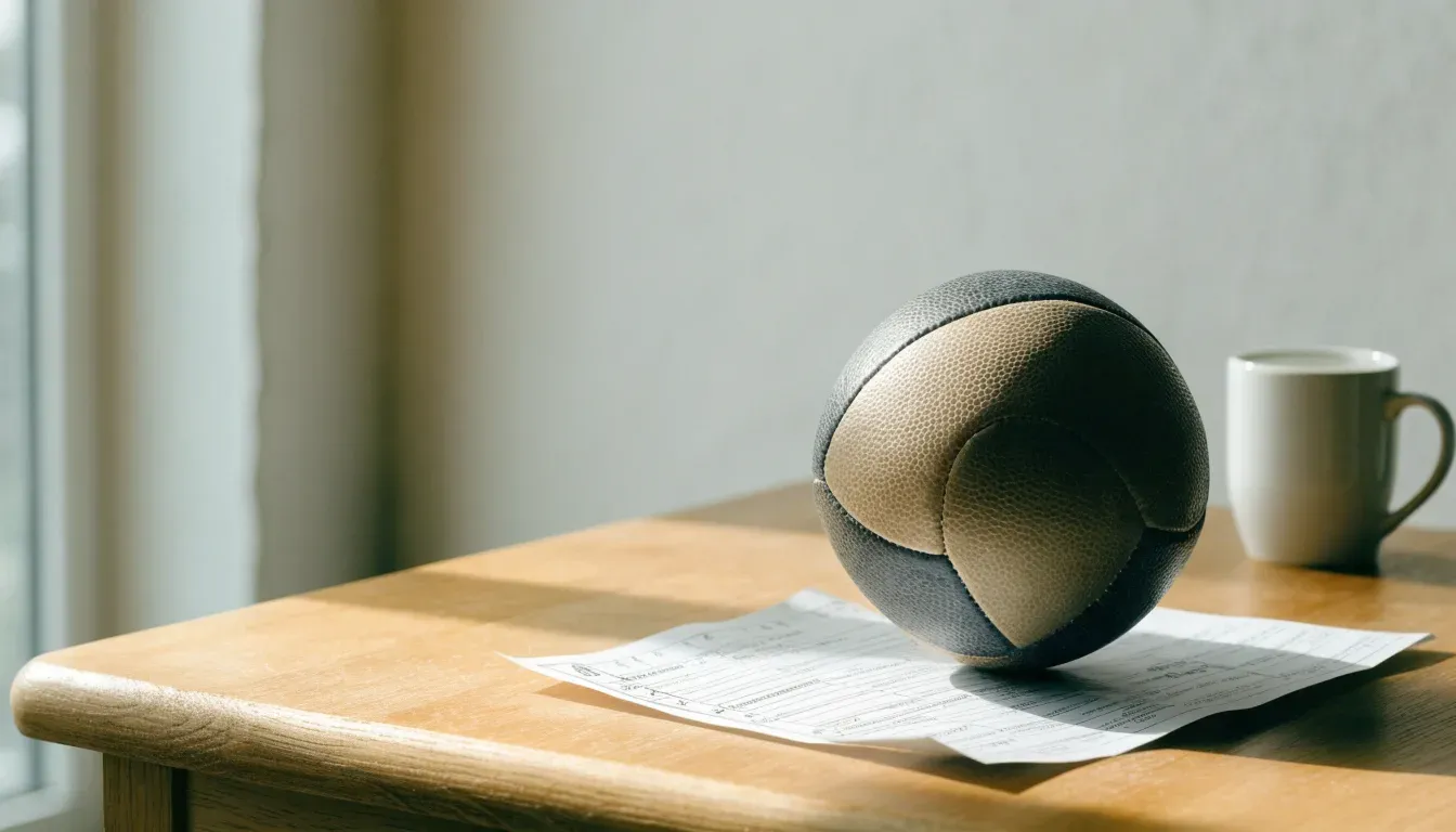 Un pallone da calcio appoggiato su una schedina bianca su un tavolo di legno, alla luce del giorno