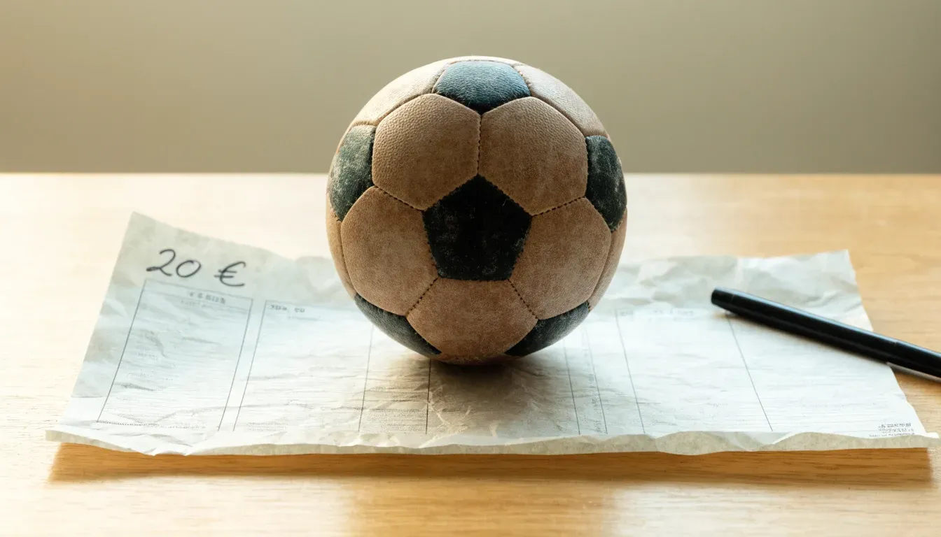 Un pallone da calcio appoggiato su una schedina bianca su un tavolo di legno, alla luce del giorno