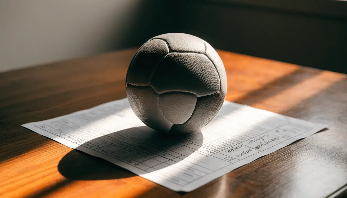 Un pallone da calcio appoggiato su una schedina bianca su un tavolo di legno, alla luce del giorno