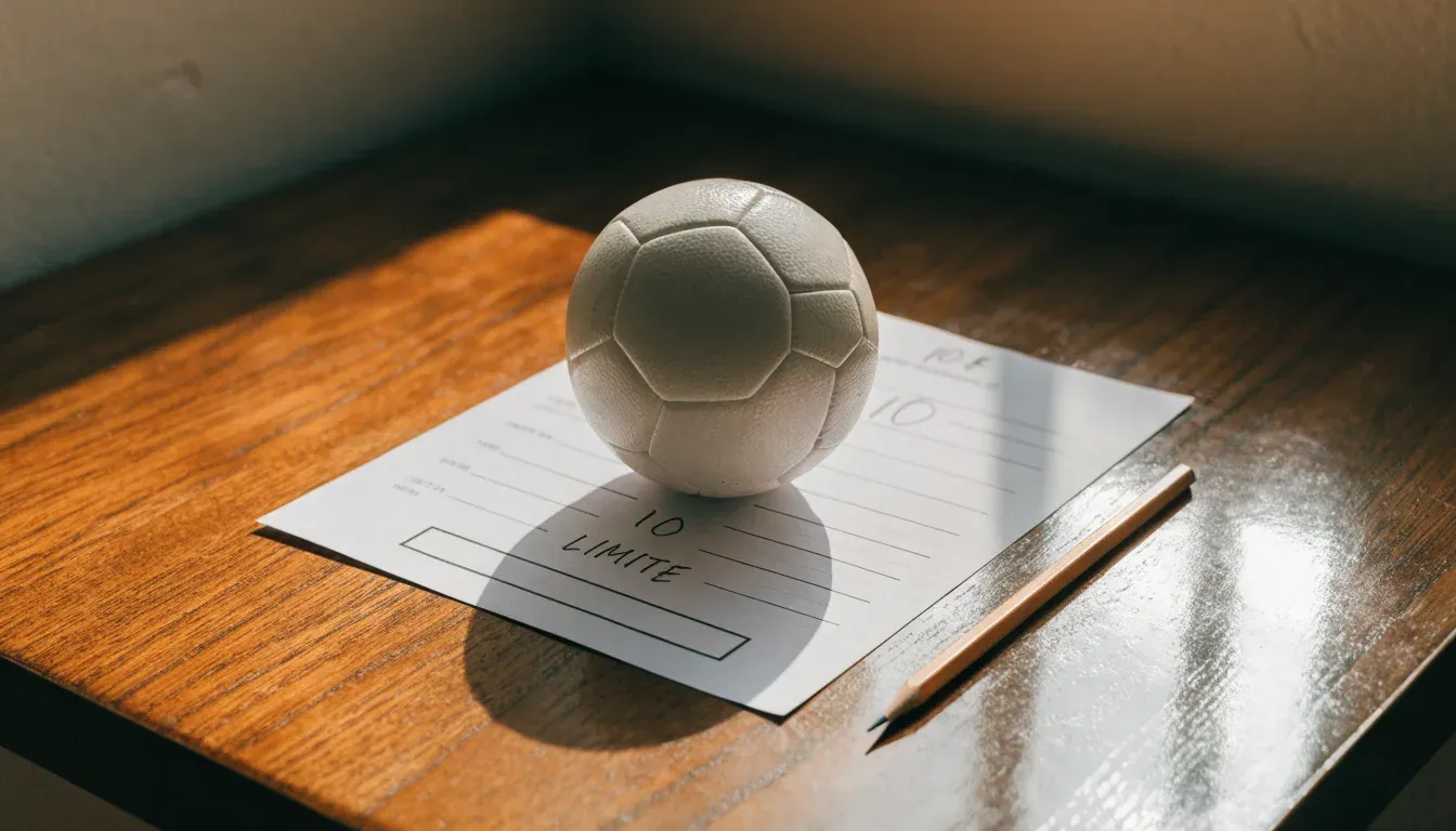Un pallone da calcio appoggiato su una schedina bianca su un tavolo di legno, alla luce del giorno