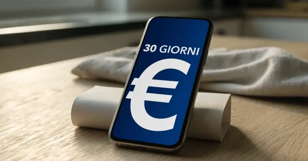 Un documento di identità appoggiato accanto a uno smartphone con un timer sullo schermo, su un tavolo da cucina