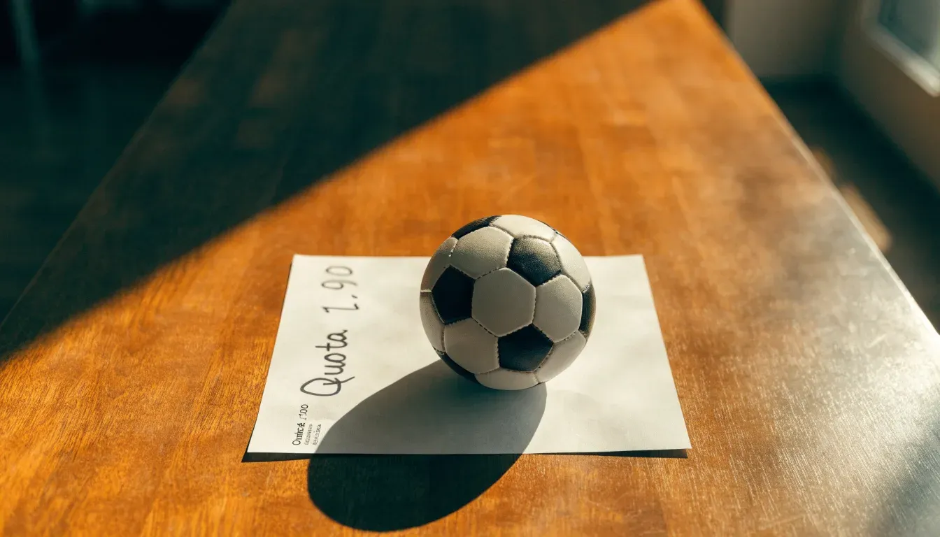 Un pallone da calcio appoggiato su una schedina bianca su un tavolo di legno, alla luce del giorno