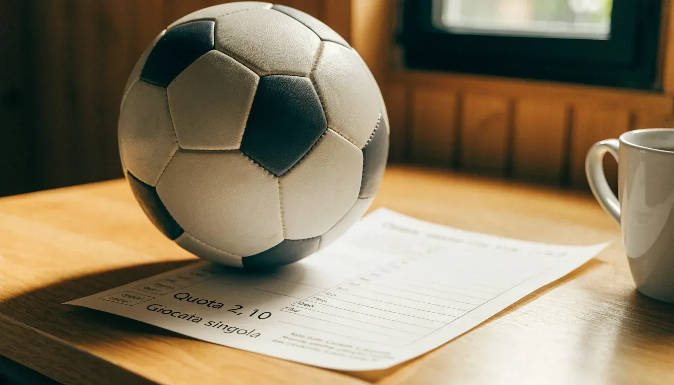 Un pallone da calcio appoggiato su una schedina bianca su un tavolo di legno, alla luce del giorno