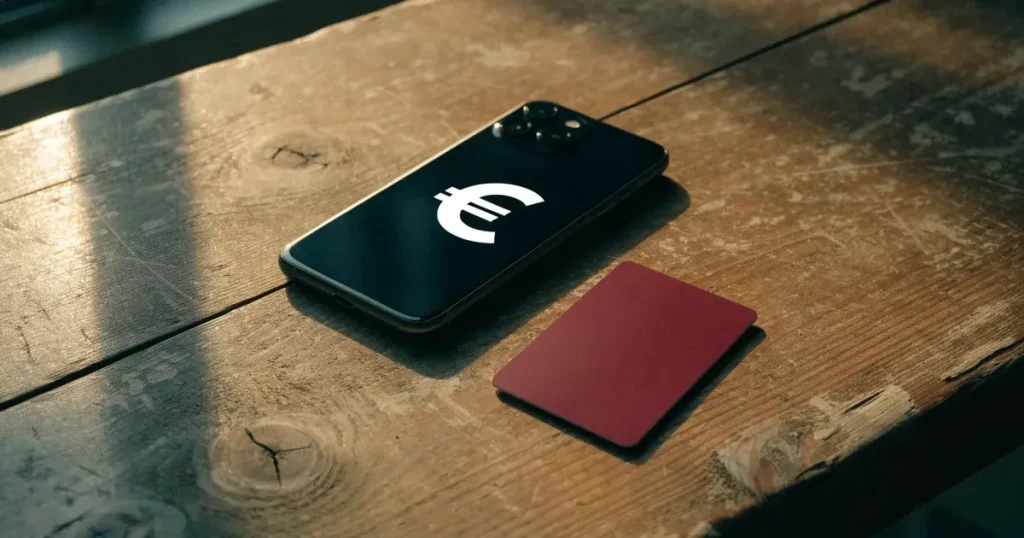 Uno smartphone e una carta di pagamento affiancati su un tavolo di legno, con alcune banconote da euro accanto
