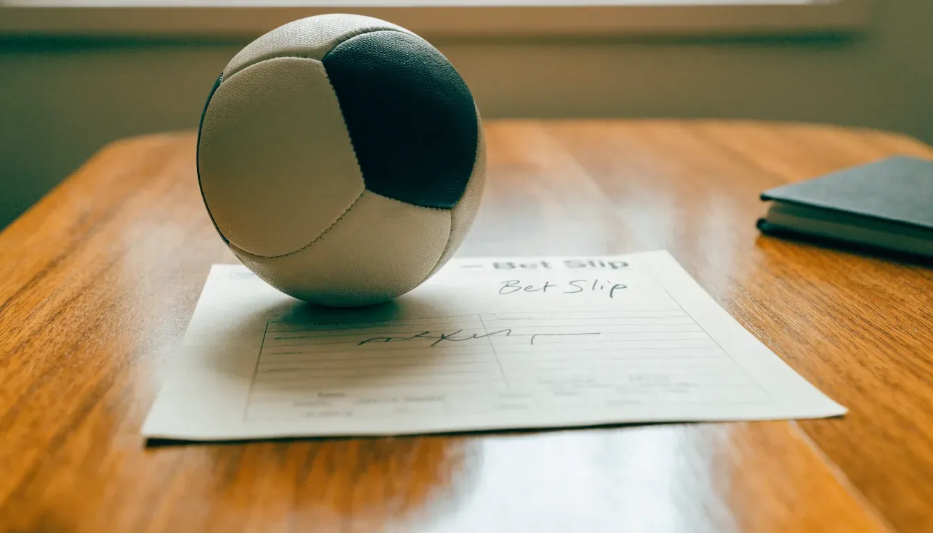 Un pallone da calcio appoggiato su una schedina bianca su un tavolo di legno, alla luce del giorno