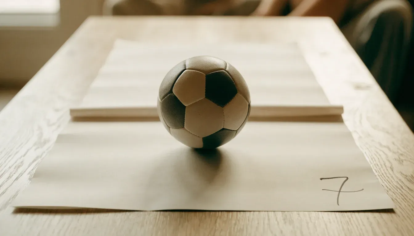 Un pallone da calcio appoggiato su una schedina bianca su un tavolo di legno, alla luce del giorno