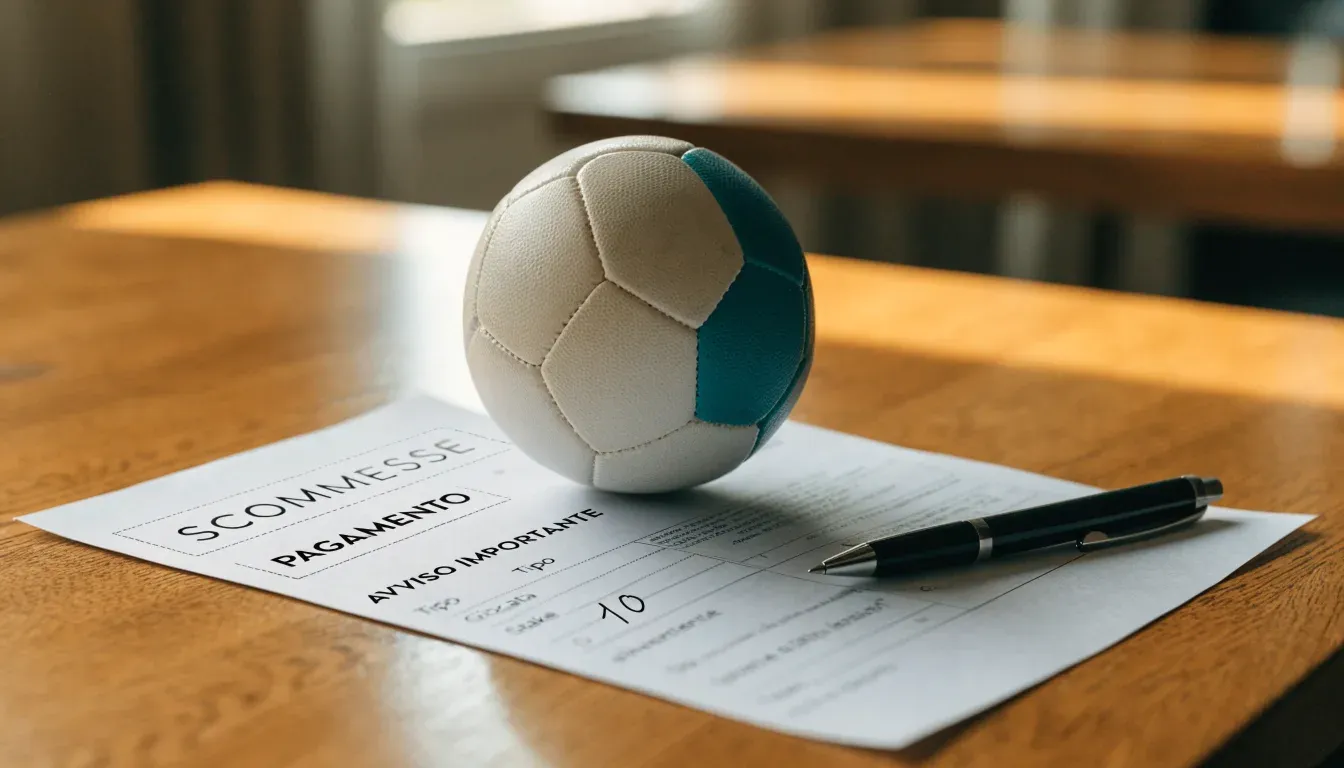 Un pallone da calcio appoggiato su una schedina bianca su un tavolo di legno, alla luce del giorno