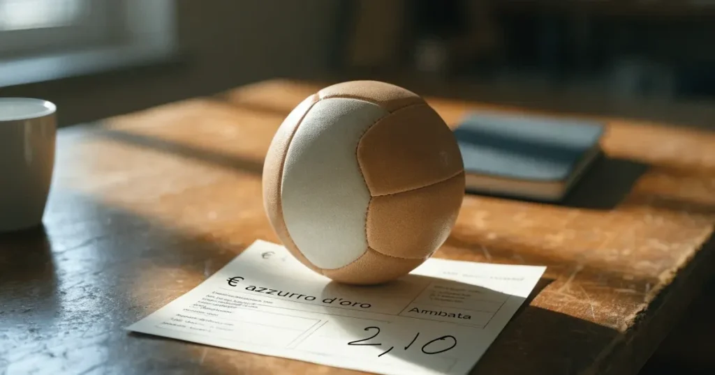 Un pallone da calcio appoggiato su una schedina bianca su un tavolo di legno, alla luce del giorno