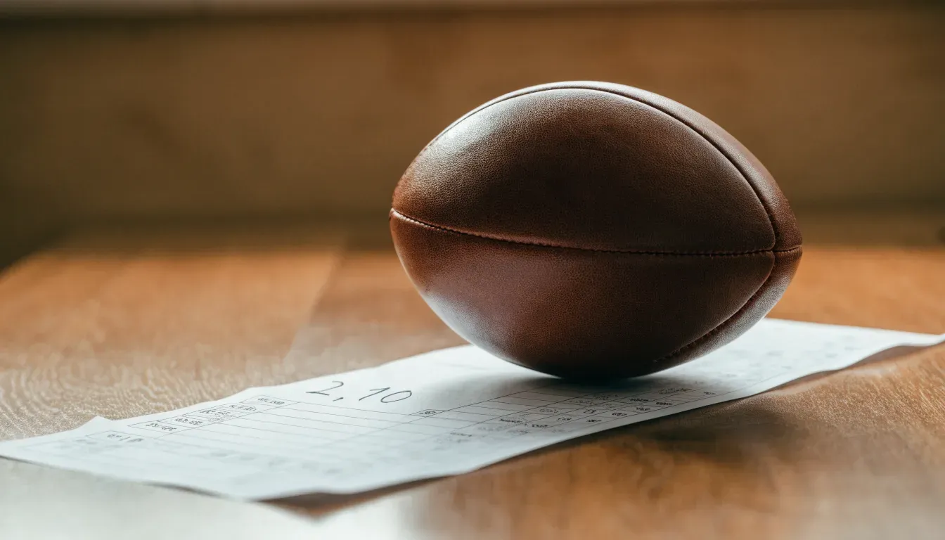 Un pallone da calcio appoggiato su una schedina bianca su un tavolo di legno, alla luce del giorno