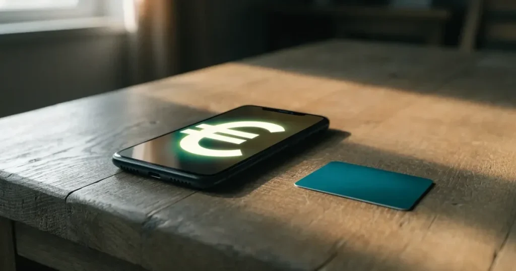 Uno smartphone e una carta di pagamento affiancati su un tavolo di legno, con alcune banconote da euro accanto