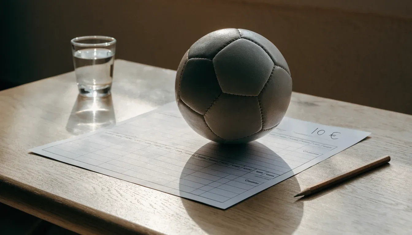 Un pallone da calcio appoggiato su una schedina bianca su un tavolo di legno, alla luce del giorno