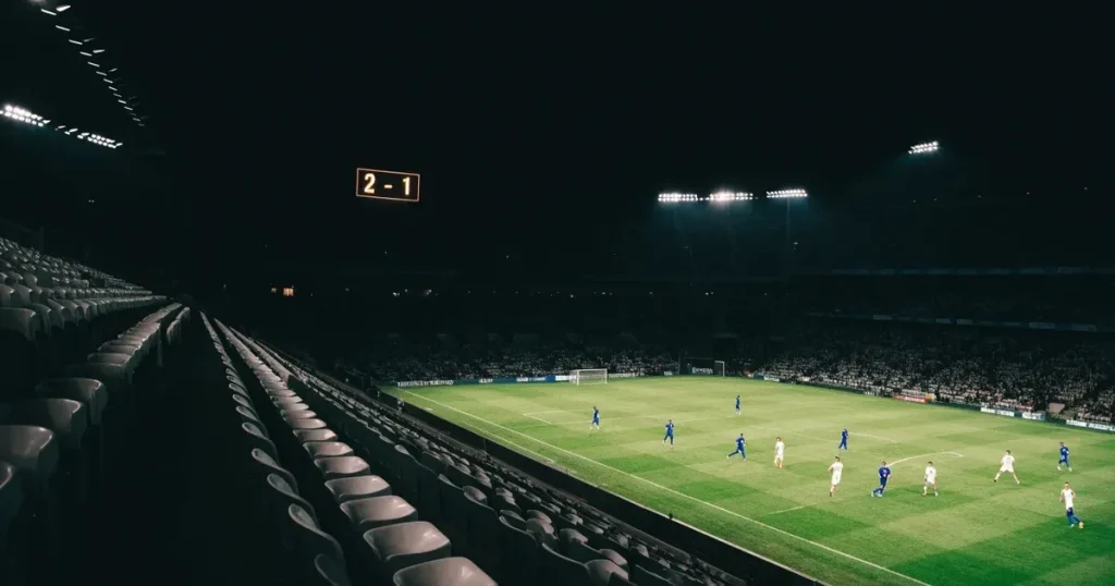 Un tabellone elettronico di uno stadio con il risultato a metà del secondo tempo, visto dalle tribune