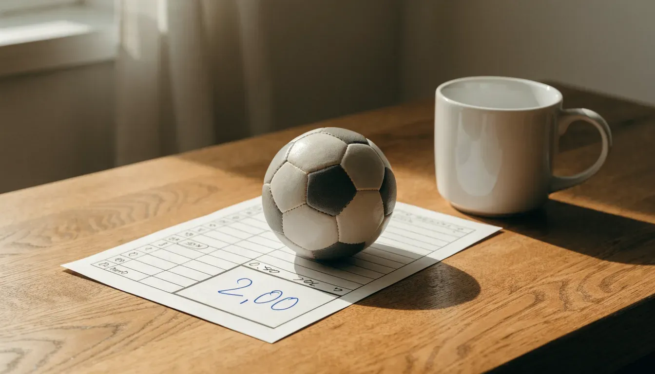 Un pallone da calcio appoggiato su una schedina bianca su un tavolo di legno, alla luce del giorno