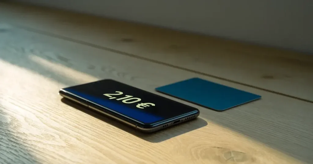 Uno smartphone e una carta di pagamento affiancati su un tavolo di legno, con alcune banconote da euro accanto
