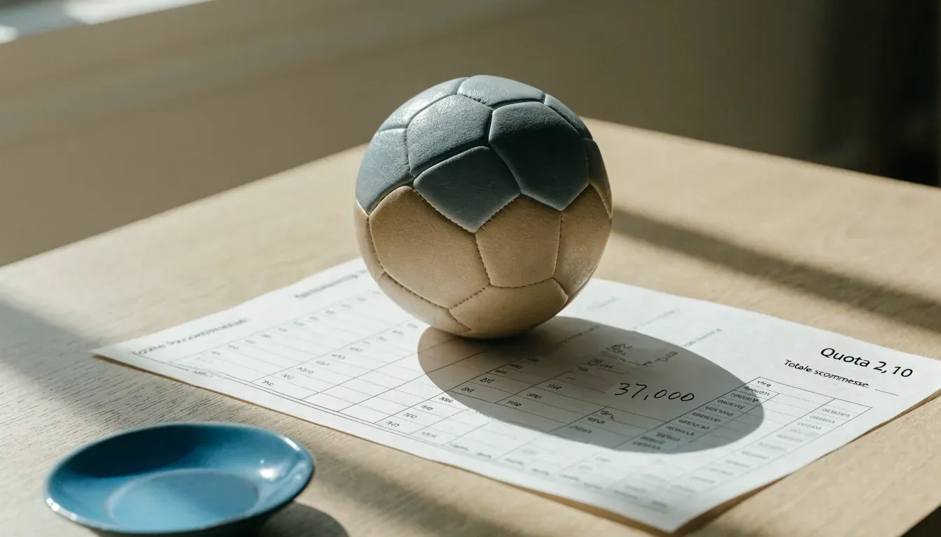 Un pallone da calcio appoggiato su una schedina bianca su un tavolo di legno, alla luce del giorno