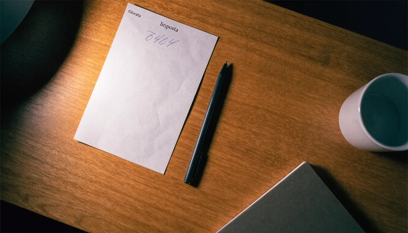 Un foglio di concessione in carta con un timbro rosso, appoggiato su una scrivania di legno accanto a una penna