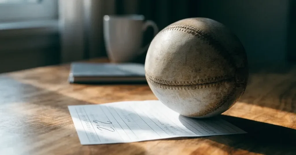 Un pallone da calcio appoggiato su una schedina bianca su un tavolo di legno, alla luce del giorno