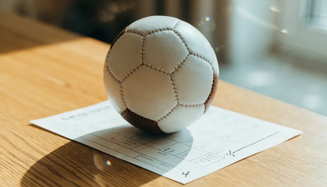 Un pallone da calcio appoggiato su una schedina bianca su un tavolo di legno, alla luce del giorno