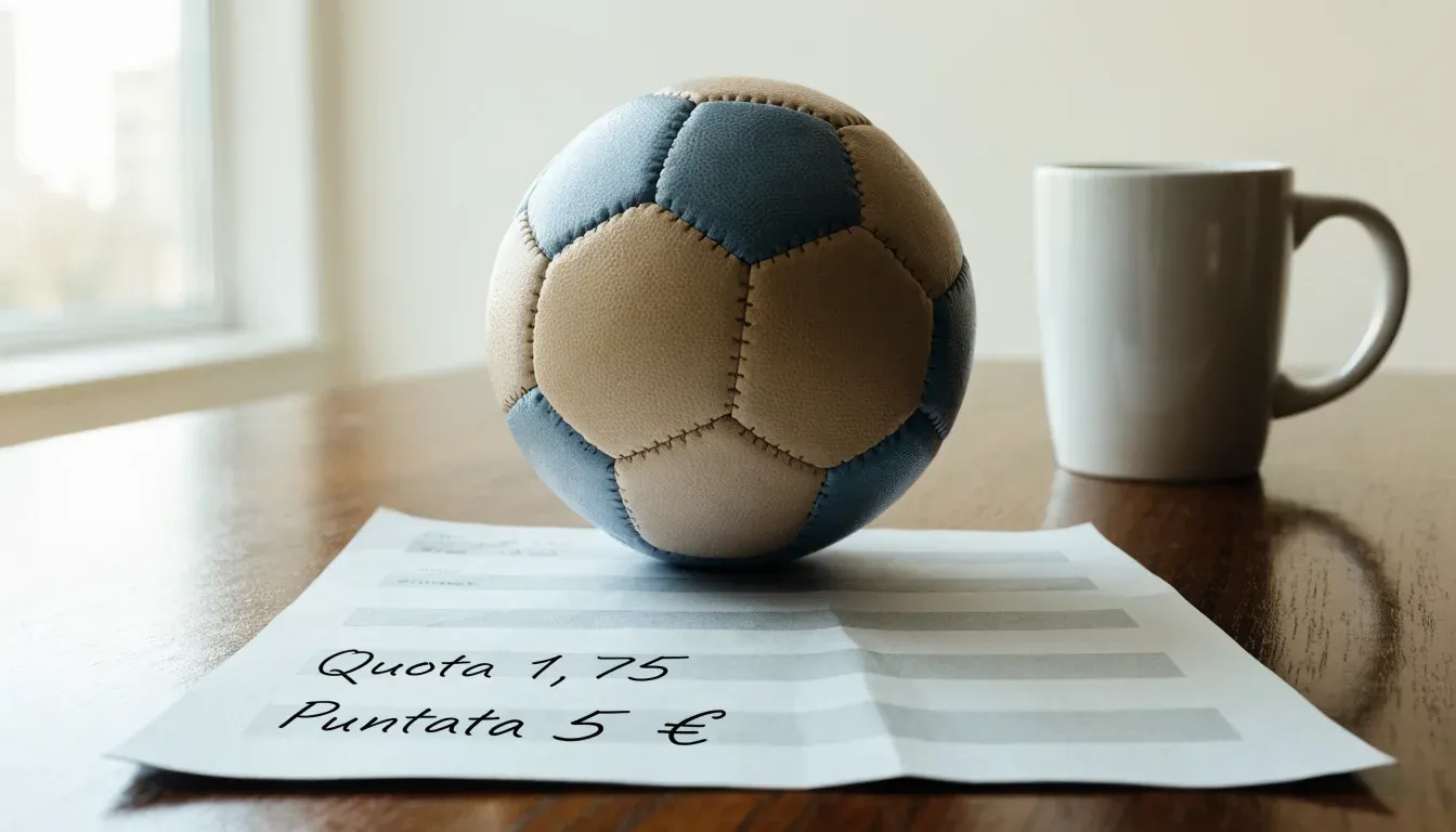 Un pallone da calcio appoggiato su una schedina bianca su un tavolo di legno, alla luce del giorno