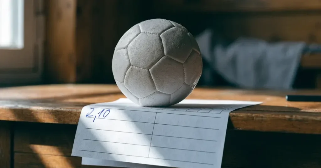 Un pallone da calcio appoggiato su una schedina bianca su un tavolo di legno, alla luce del giorno