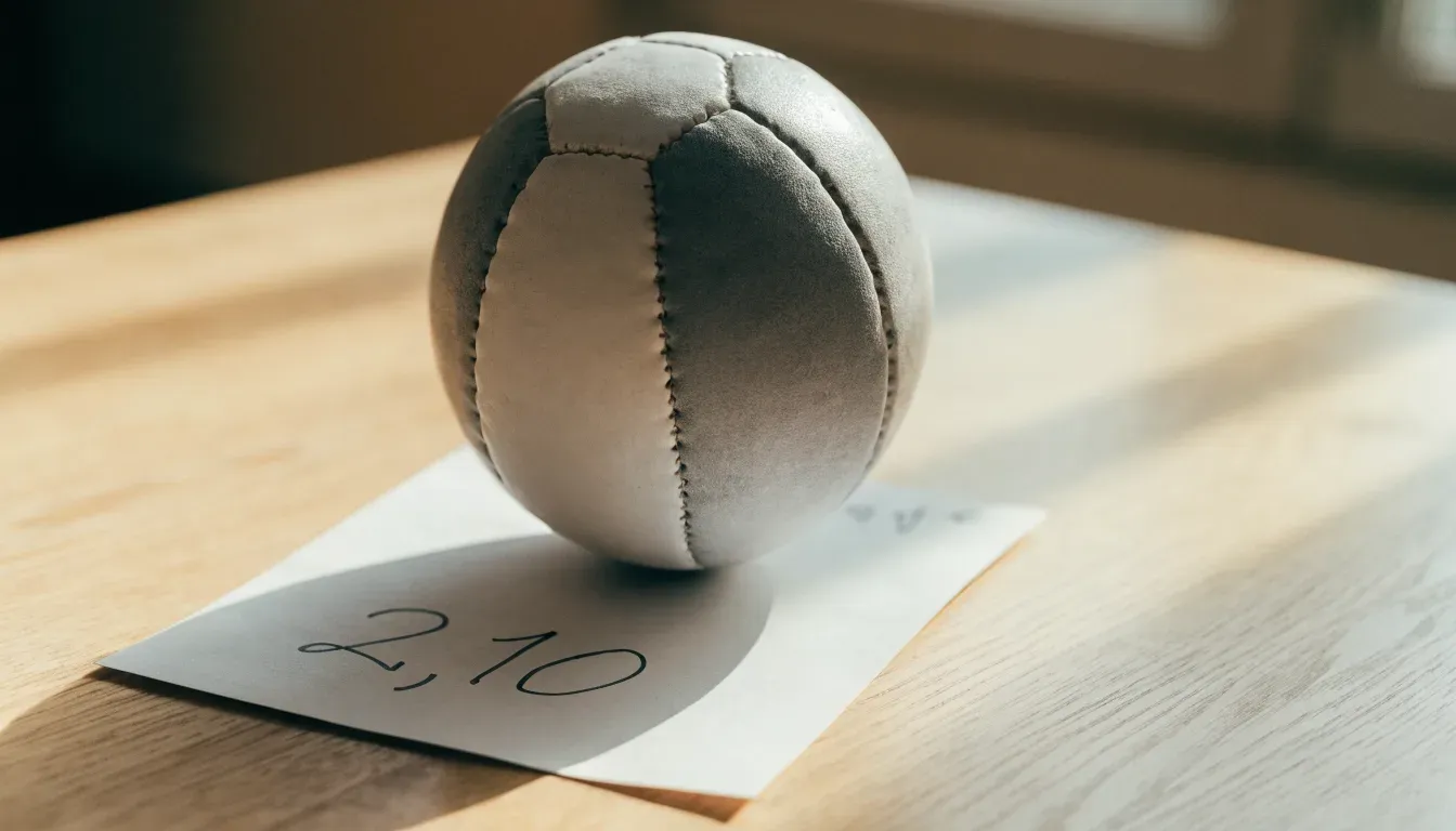 Un pallone da calcio appoggiato su una schedina bianca su un tavolo di legno, alla luce del giorno