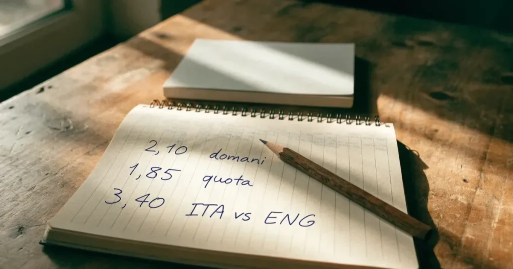 Un quaderno aperto con quote scritte a mano, una calcolatrice e una matita su un tavolo di legno