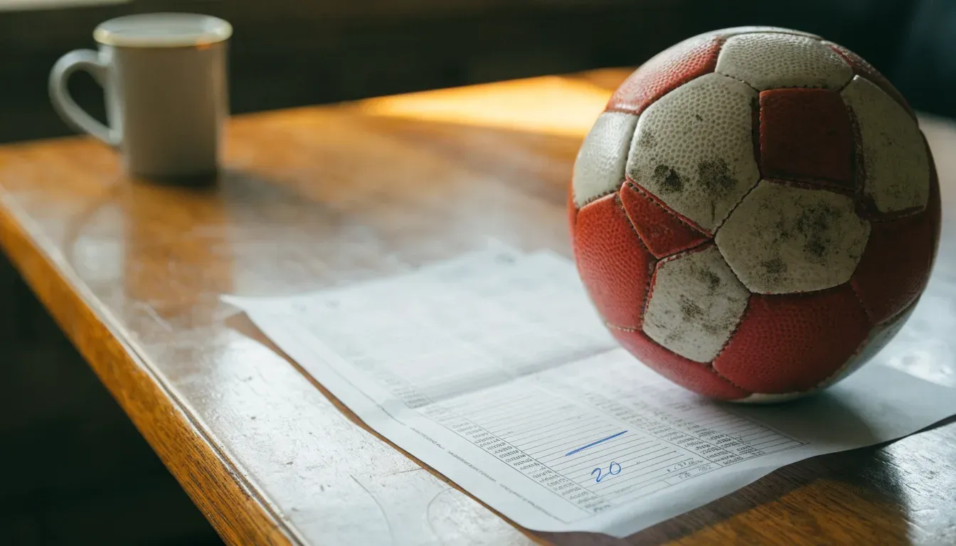 Un pallone da calcio appoggiato su una schedina bianca su un tavolo di legno, alla luce del giorno