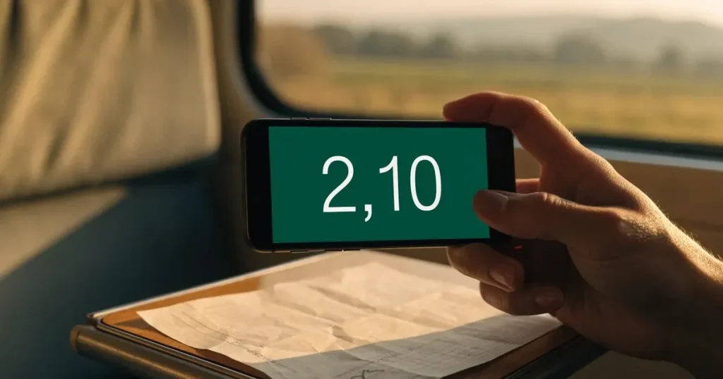 Una mano che tiene uno smartphone con una scommessa sullo schermo, su un treno nel tardo pomeriggio