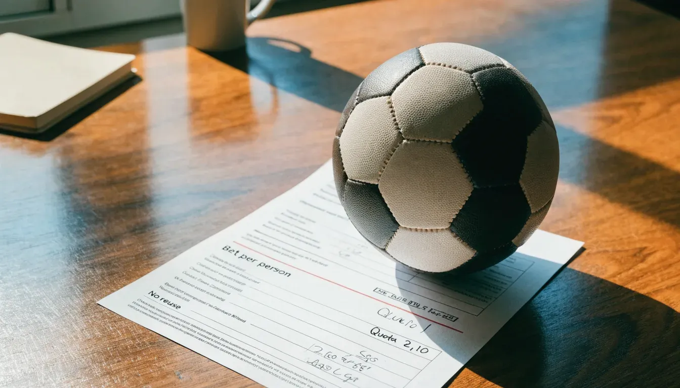 Un pallone da calcio appoggiato su una schedina bianca su un tavolo di legno, alla luce del giorno