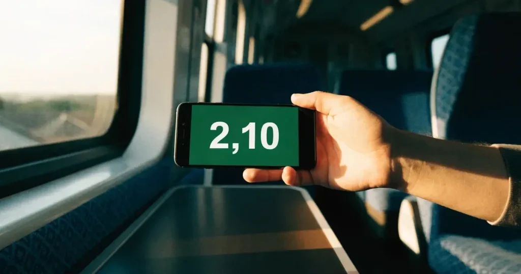 Una mano che tiene uno smartphone con una scommessa sullo schermo, su un treno nel tardo pomeriggio