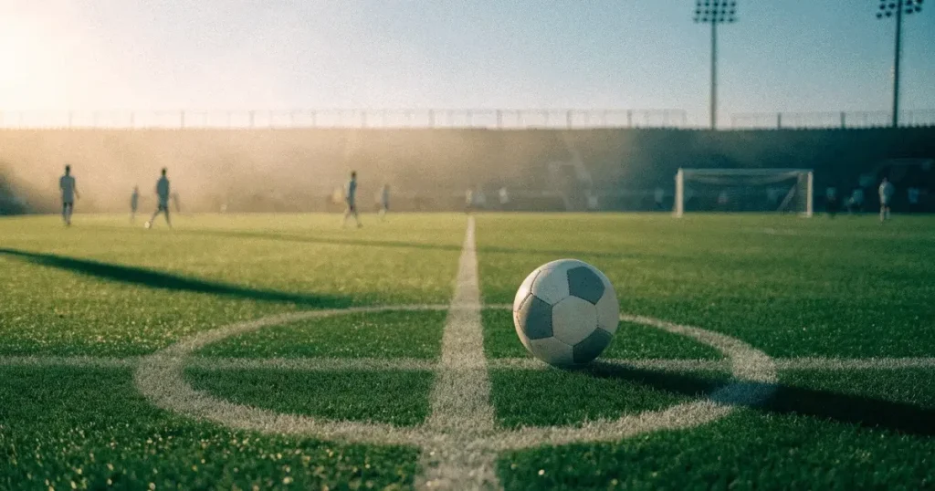 Un pallone da calcio sul dischetto del centrocampo di un prato, alla luce del mattino