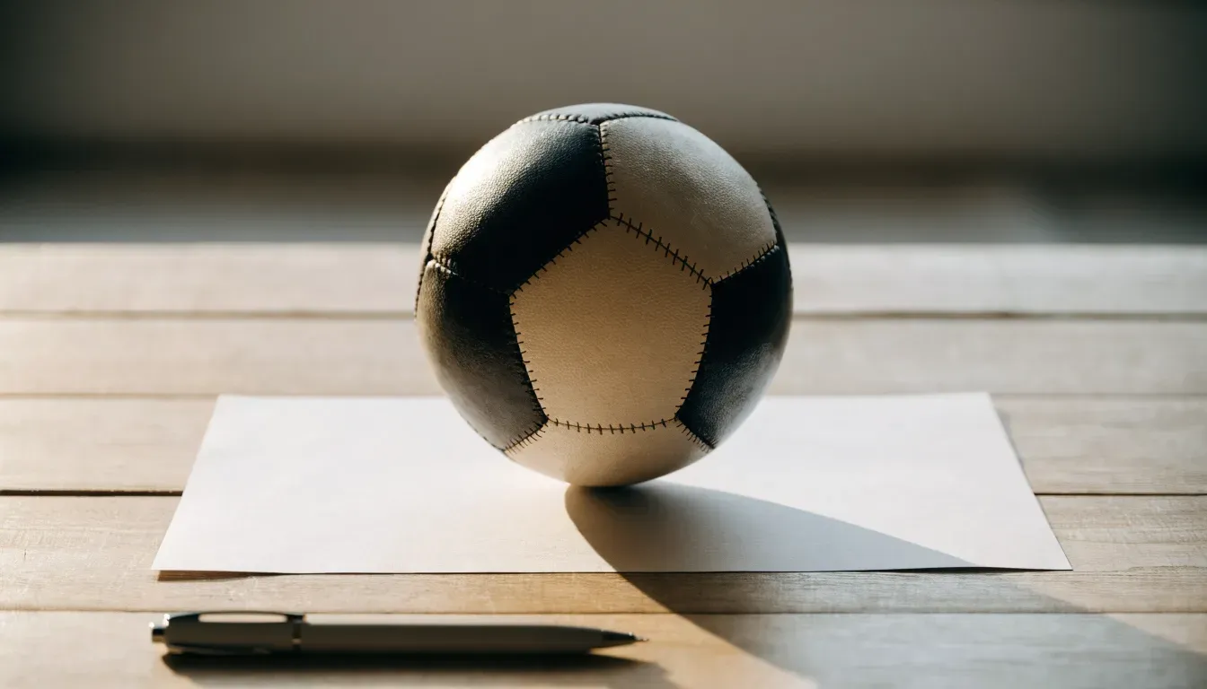 Un pallone da calcio appoggiato su una schedina bianca su un tavolo di legno, alla luce del giorno