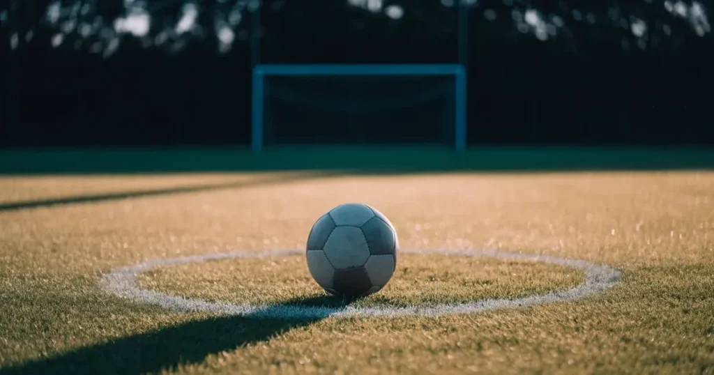Un pallone da calcio sul dischetto del centrocampo di un prato, alla luce del mattino