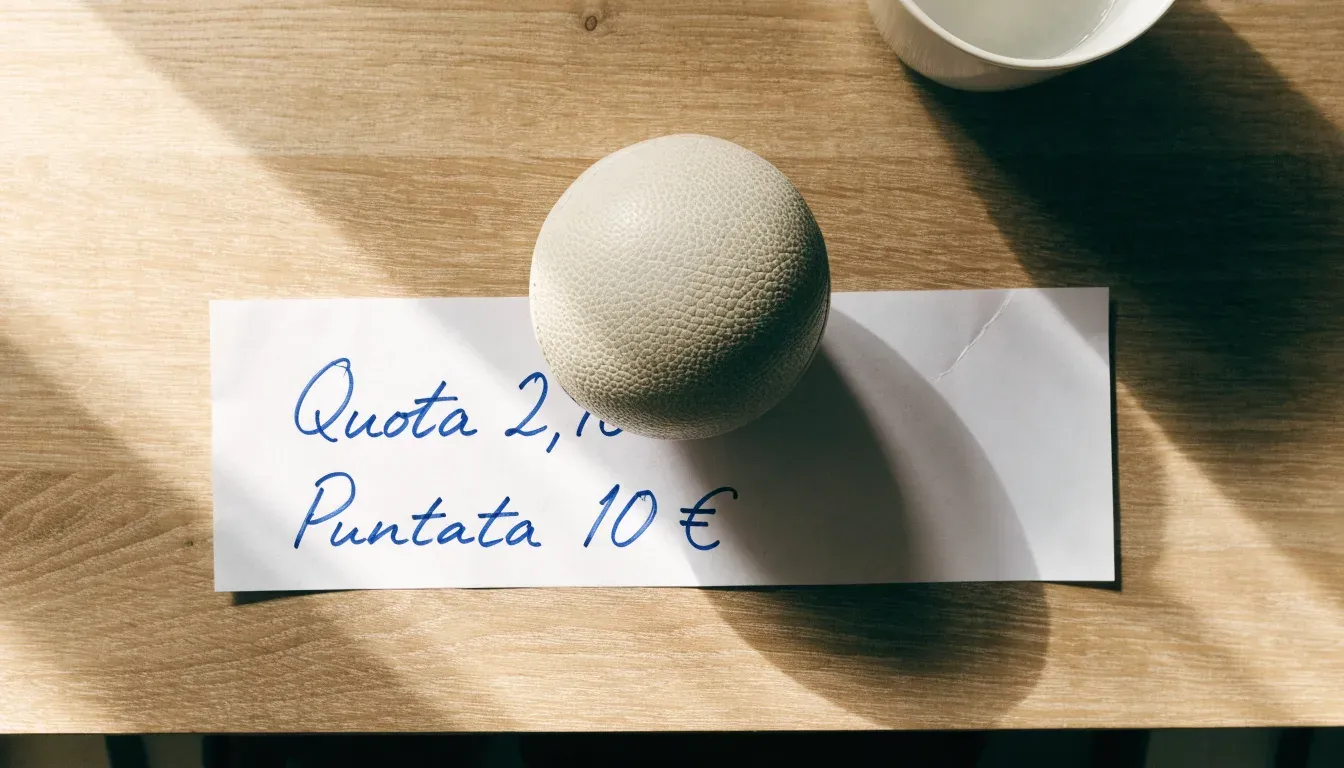 Un pallone da calcio appoggiato su una schedina bianca su un tavolo di legno, alla luce del giorno