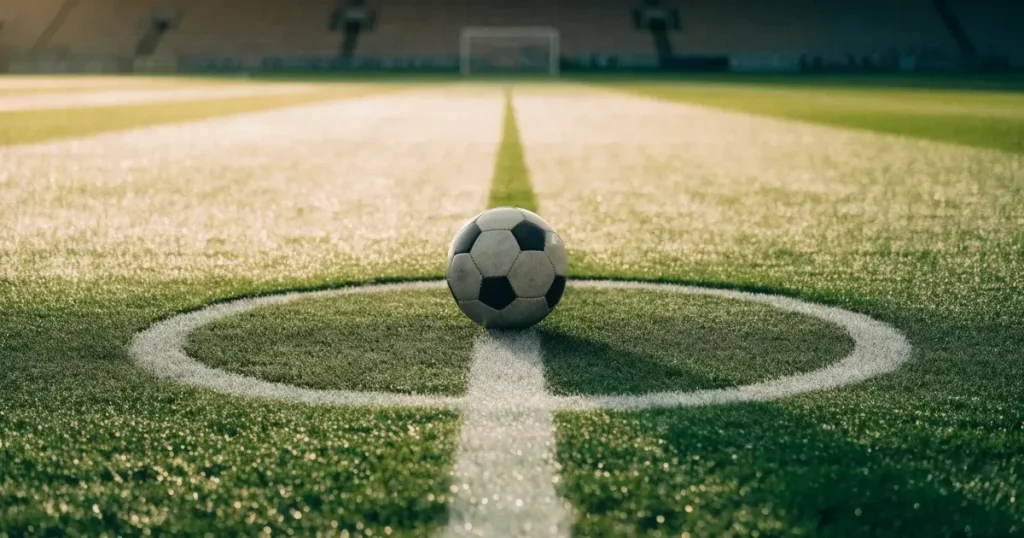 Un pallone da calcio sul dischetto del centrocampo di un prato, alla luce del mattino
