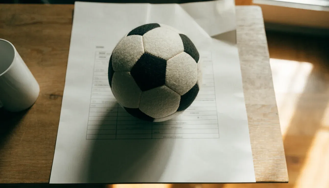 Un pallone da calcio appoggiato su una schedina bianca su un tavolo di legno, alla luce del giorno
