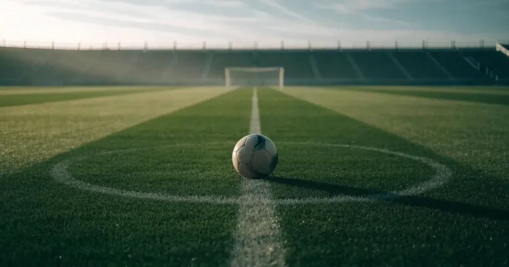 Un pallone da calcio sul dischetto del centrocampo di un prato, alla luce del mattino