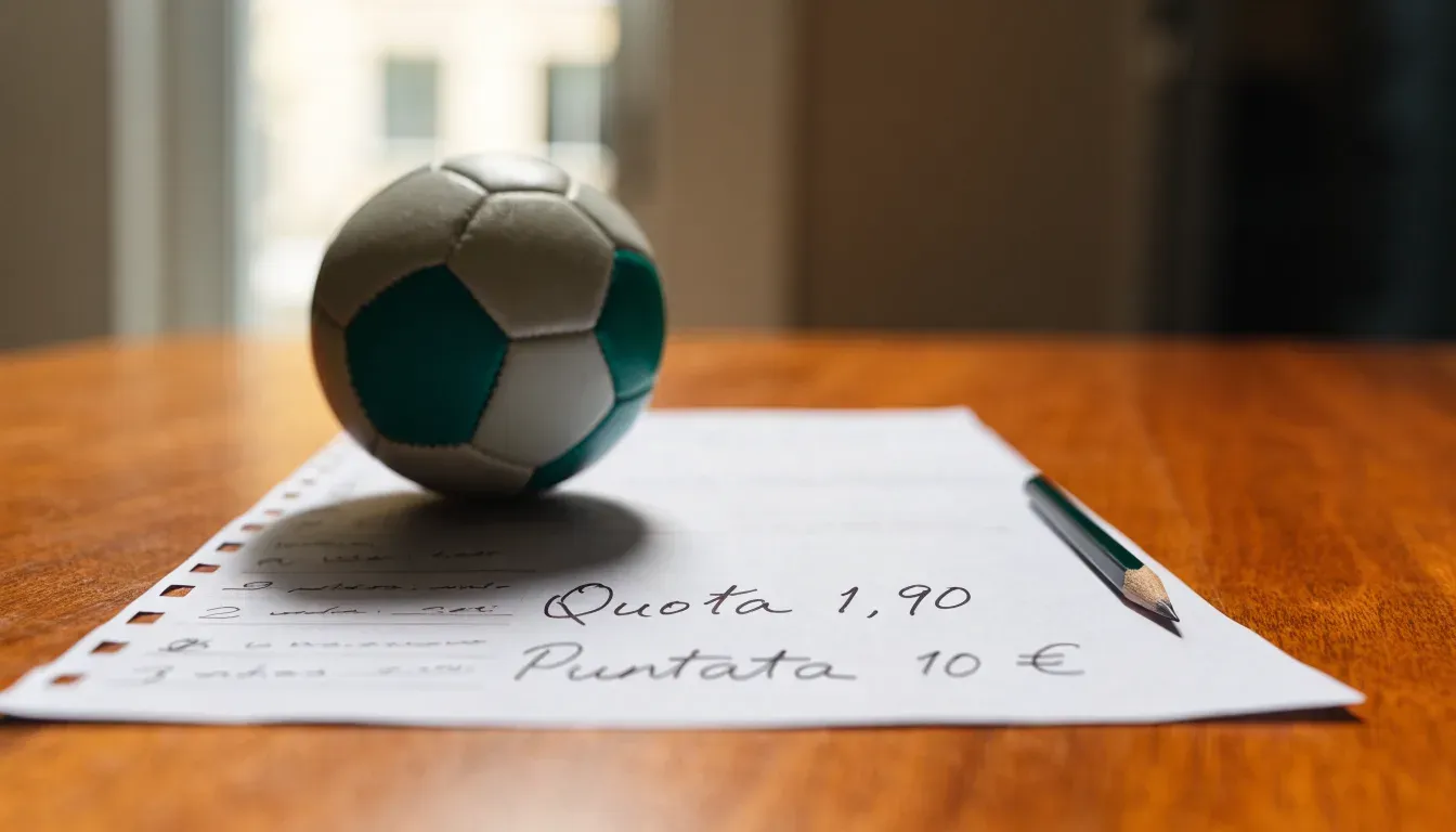 Un pallone da calcio appoggiato su una schedina bianca su un tavolo di legno, alla luce del giorno