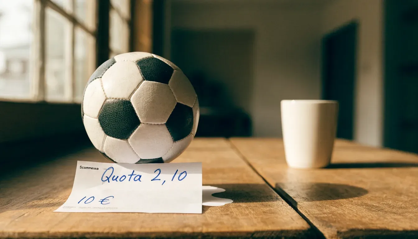 Un pallone da calcio appoggiato su una schedina bianca su un tavolo di legno, alla luce del giorno