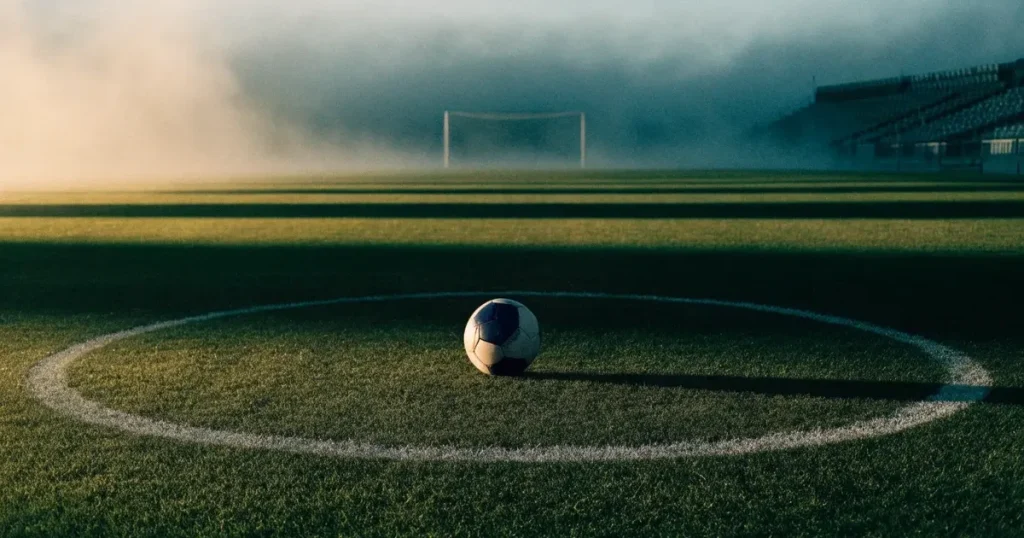 Un pallone da calcio sul dischetto del centrocampo di un prato, alla luce del mattino