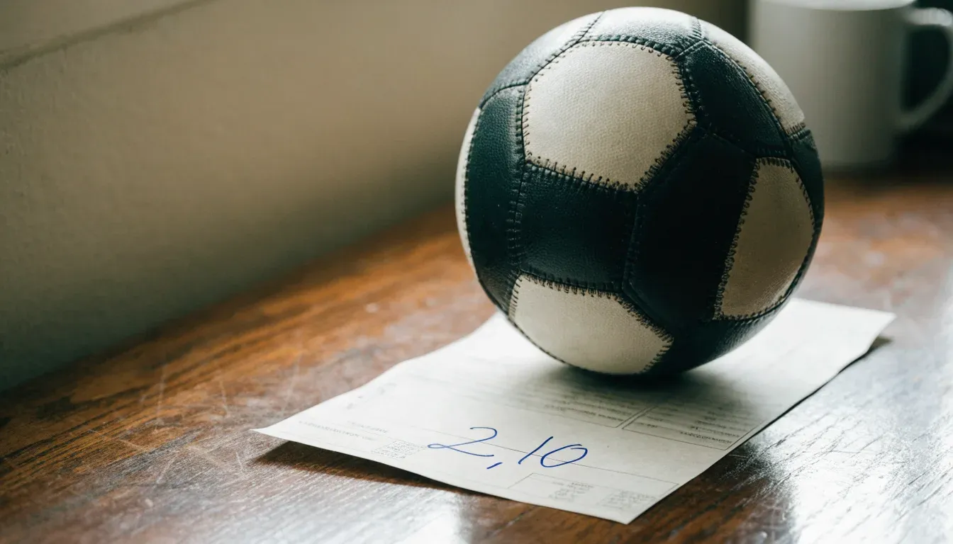 Un pallone da calcio appoggiato su una schedina bianca su un tavolo di legno, alla luce del giorno