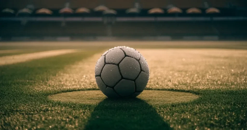 Un pallone da calcio sul dischetto del centrocampo di un prato, alla luce del mattino