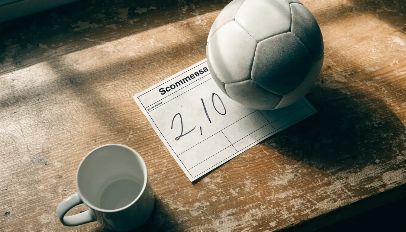 Un pallone da calcio appoggiato su una schedina bianca su un tavolo di legno, alla luce del giorno