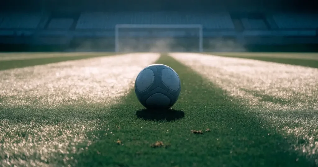 Un pallone da calcio sul dischetto del centrocampo di un prato, alla luce del mattino