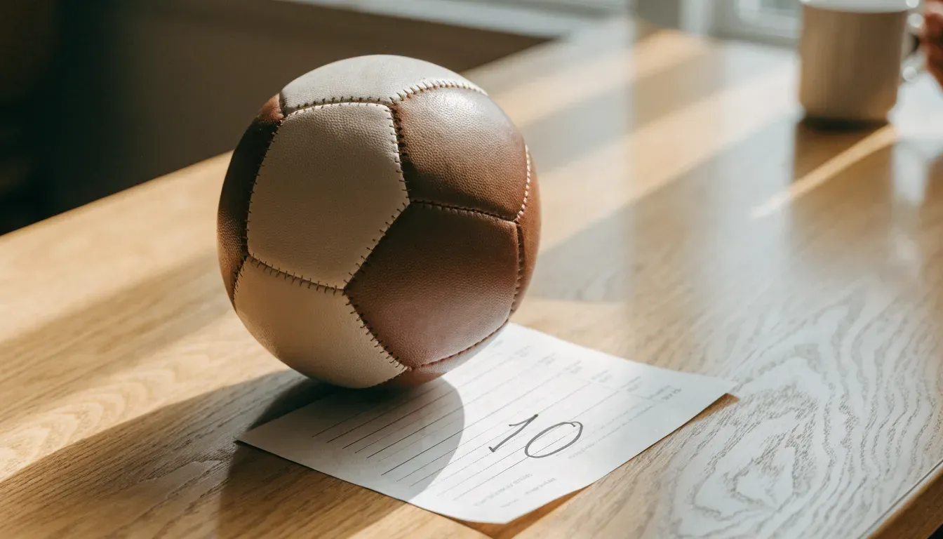 Un pallone da calcio appoggiato su una schedina bianca su un tavolo di legno, alla luce del giorno