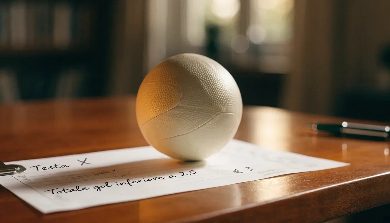 Un pallone da calcio appoggiato su una schedina bianca su un tavolo di legno, alla luce del giorno