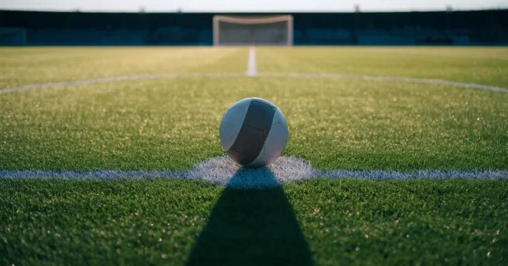 Un pallone da calcio sul dischetto del centrocampo di un prato, alla luce del mattino