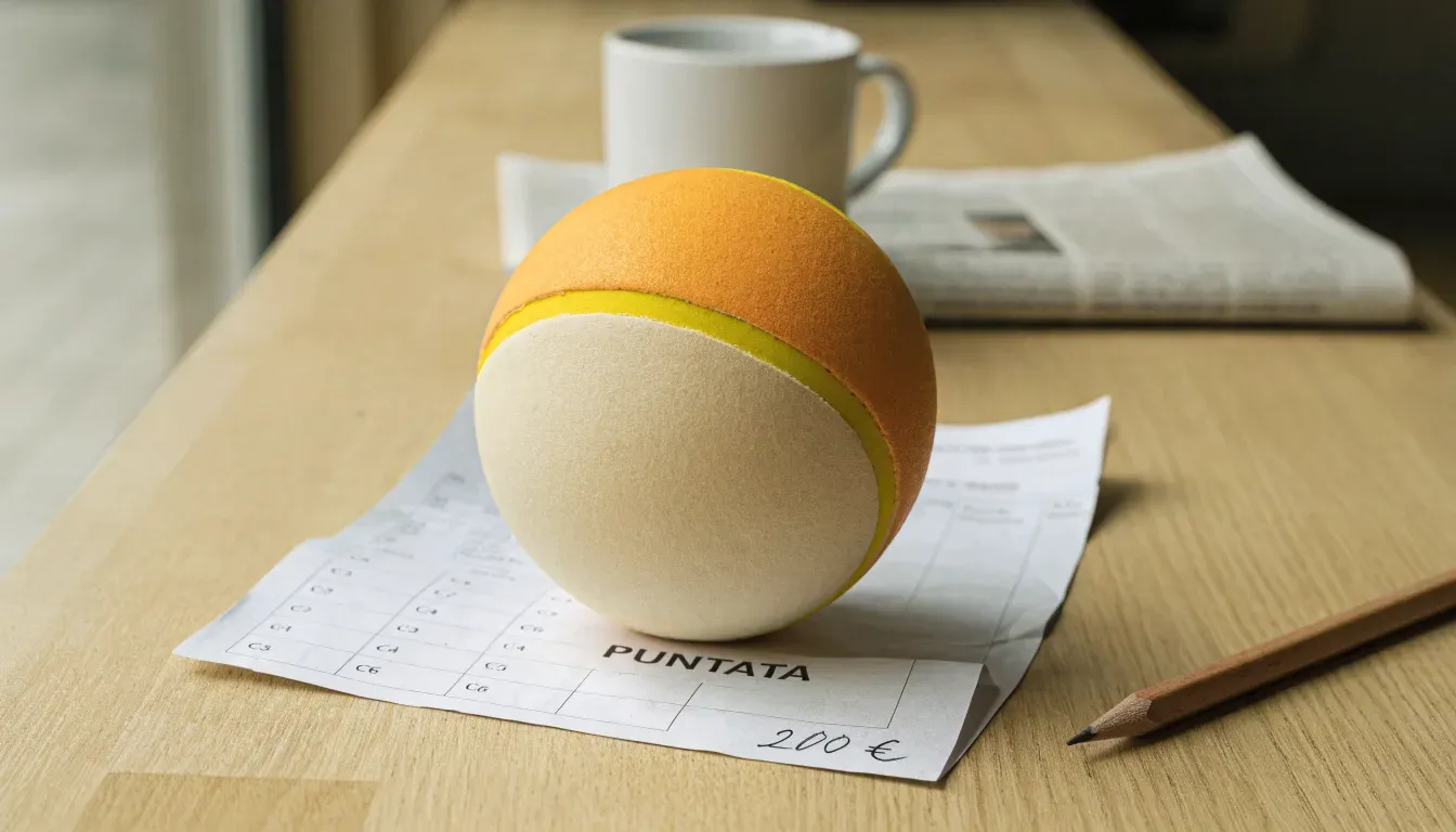 Un pallone da calcio appoggiato su una schedina bianca su un tavolo di legno, alla luce del giorno