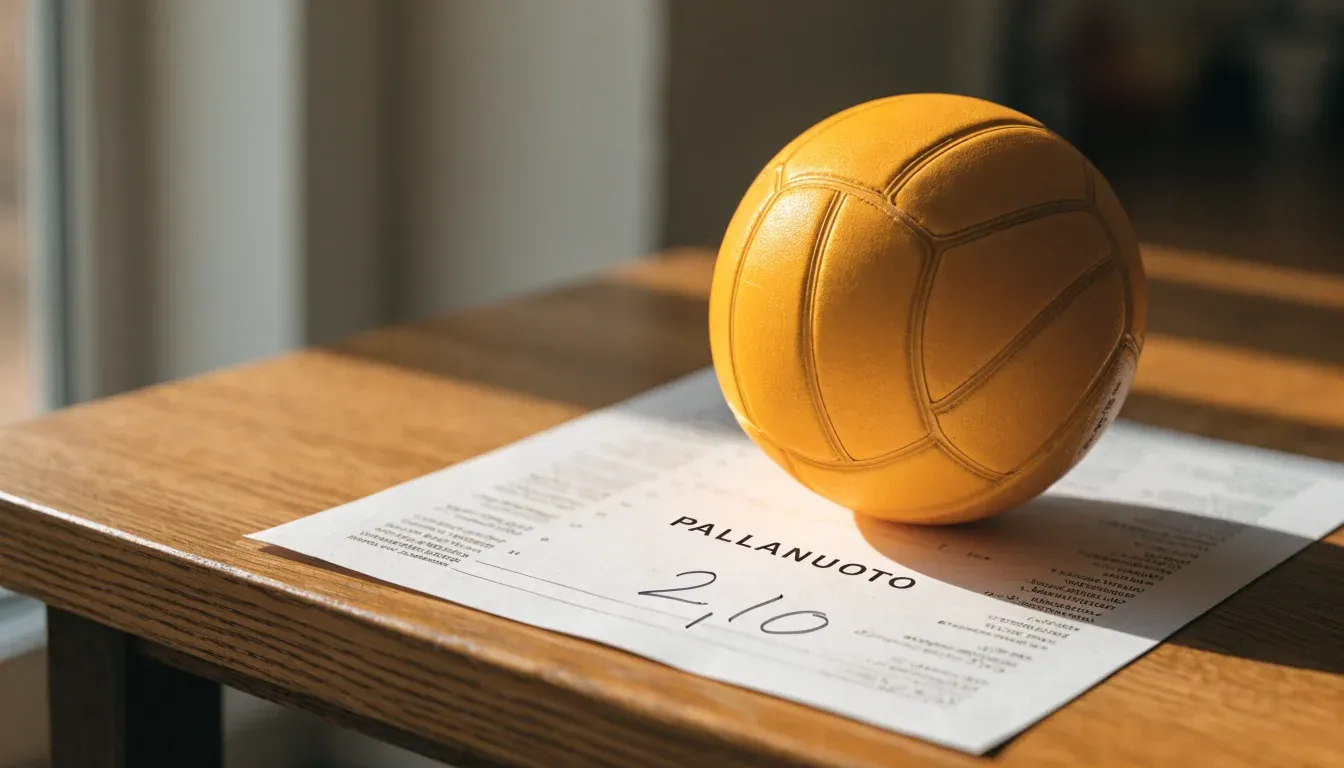 Un pallone da calcio appoggiato su una schedina bianca su un tavolo di legno, alla luce del giorno