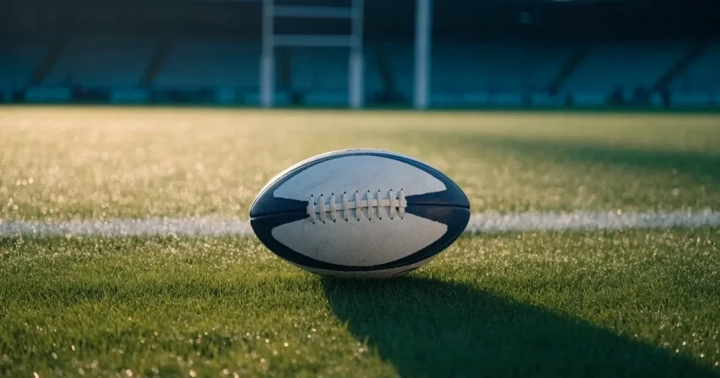 Un pallone da calcio sul dischetto del centrocampo di un prato, alla luce del mattino